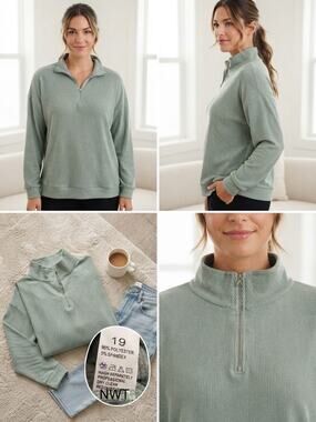 Women's Green Ribbed 1/4 Zip Pullover Sweatshirt Long Sleeve Sweater XL